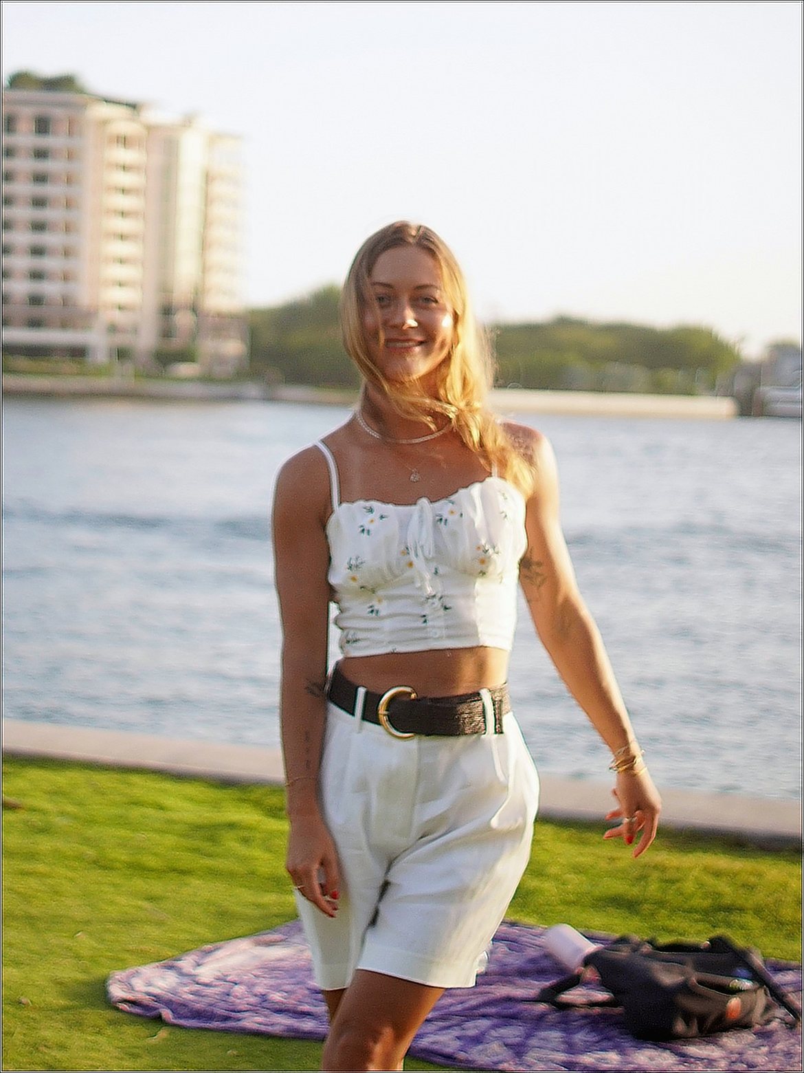 Valeria on the Miami waterfront at golden hour
